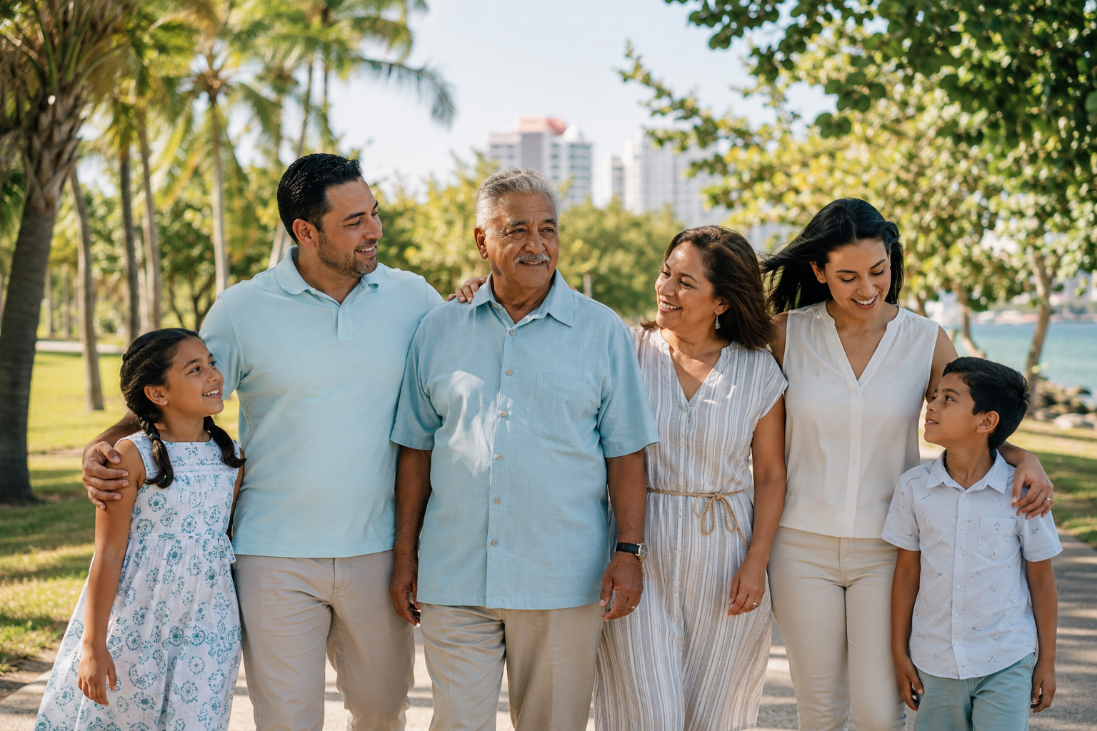 Un señor mayor con su familia en un parque de Miami